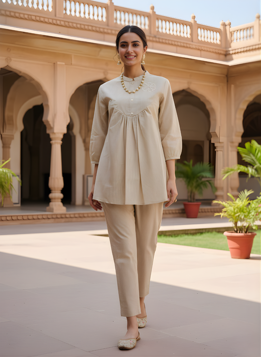 Neelufer Creation beige pure cotton co-ord set front view
