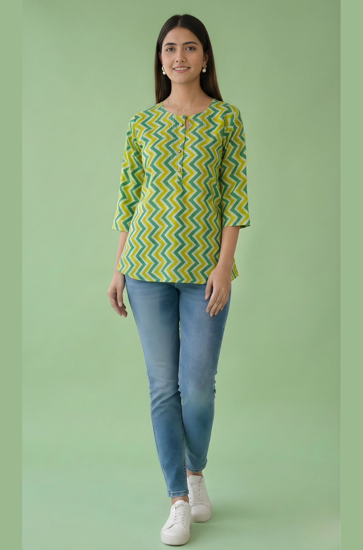 Neelufer Creation green zigzag cotton top