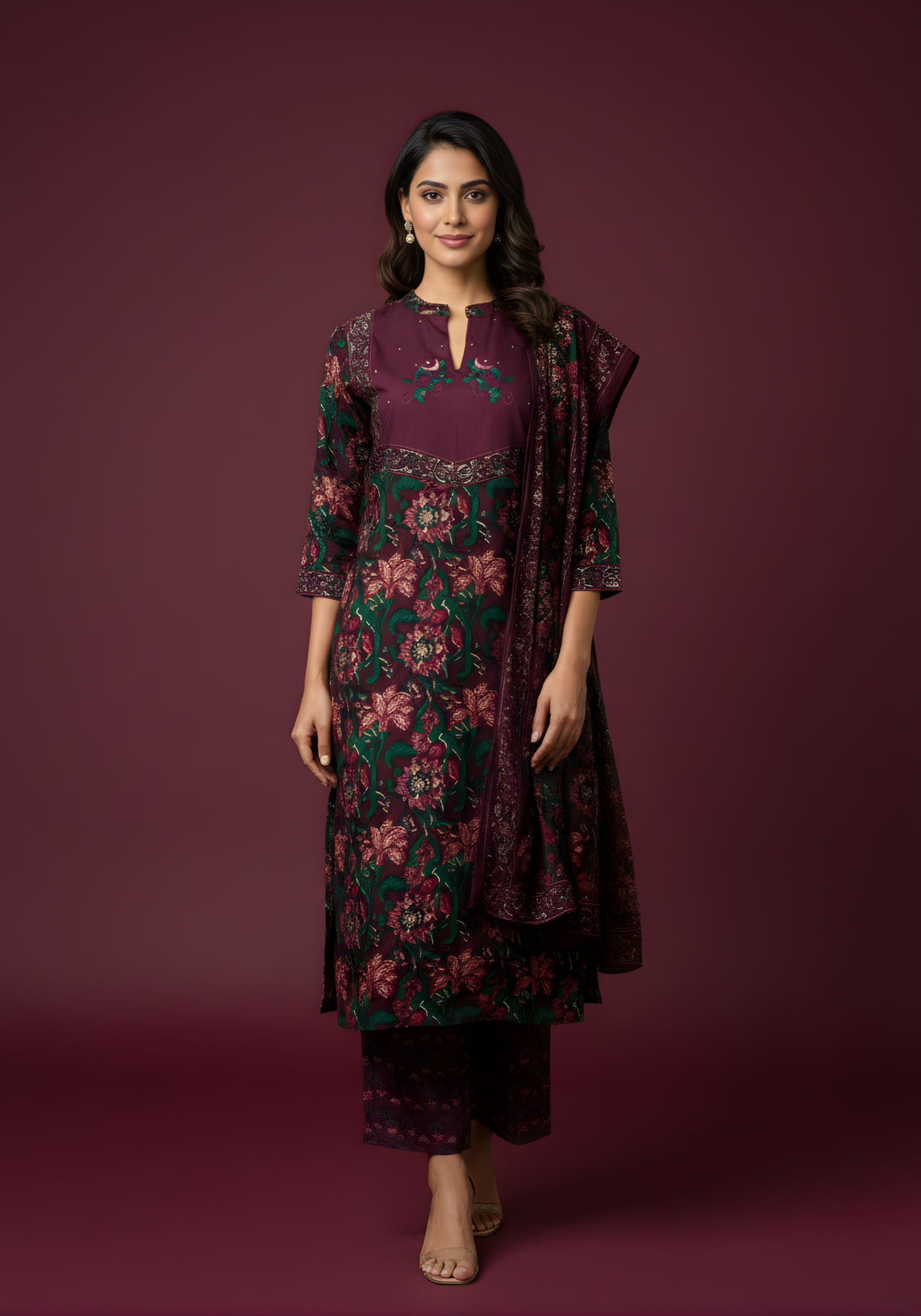 Neelufer Creation pure cotton maroon dupatta set