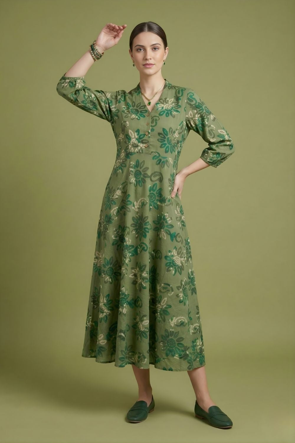 women wear wholesale manufacturer India olive cotton midi dress