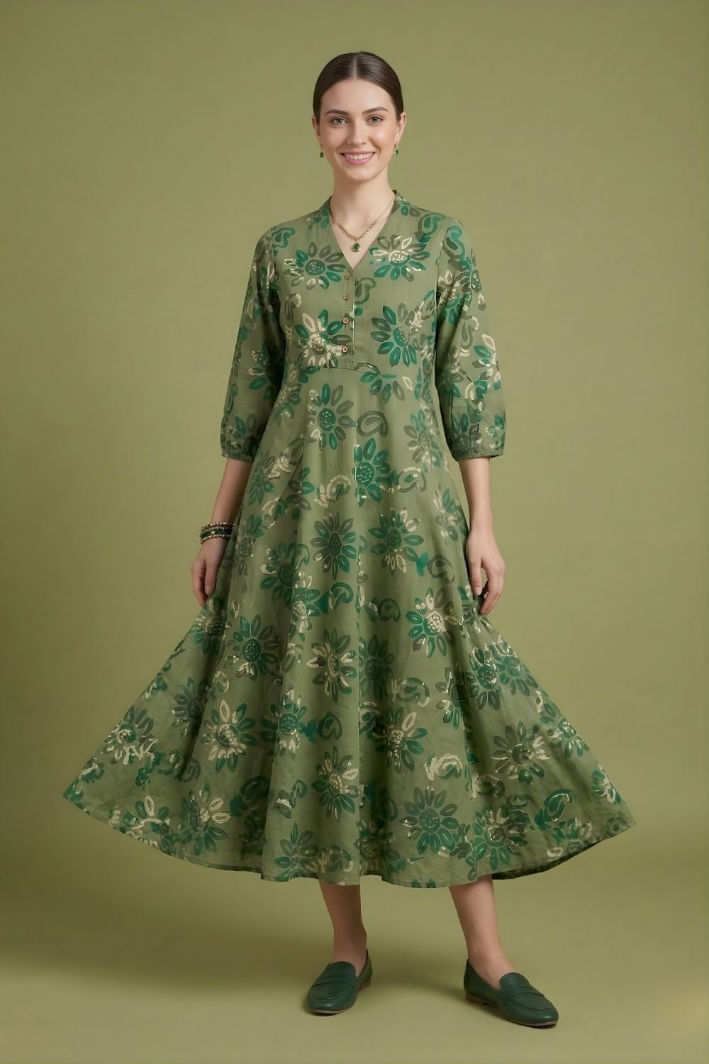 women wear wholesale manufacturer India green printed cotton dress