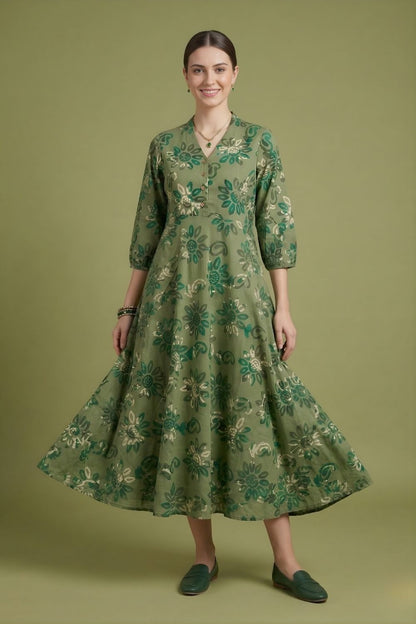 women wear wholesale manufacturer India green printed cotton dress