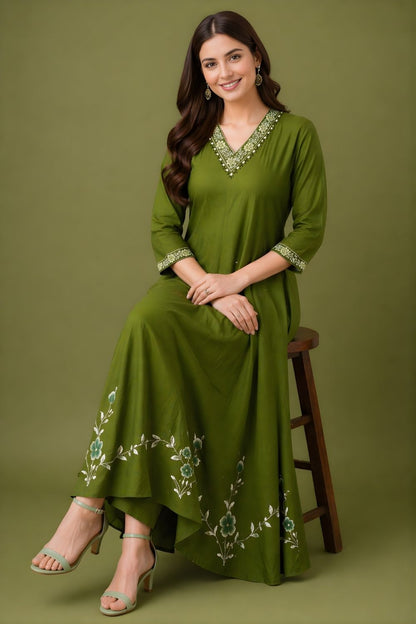 women wear wholesale manufacturer India green cotton anarkali dupatta set