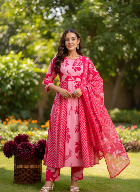 Woman in a pink traditional outfit standing outdoors with greenery in the background