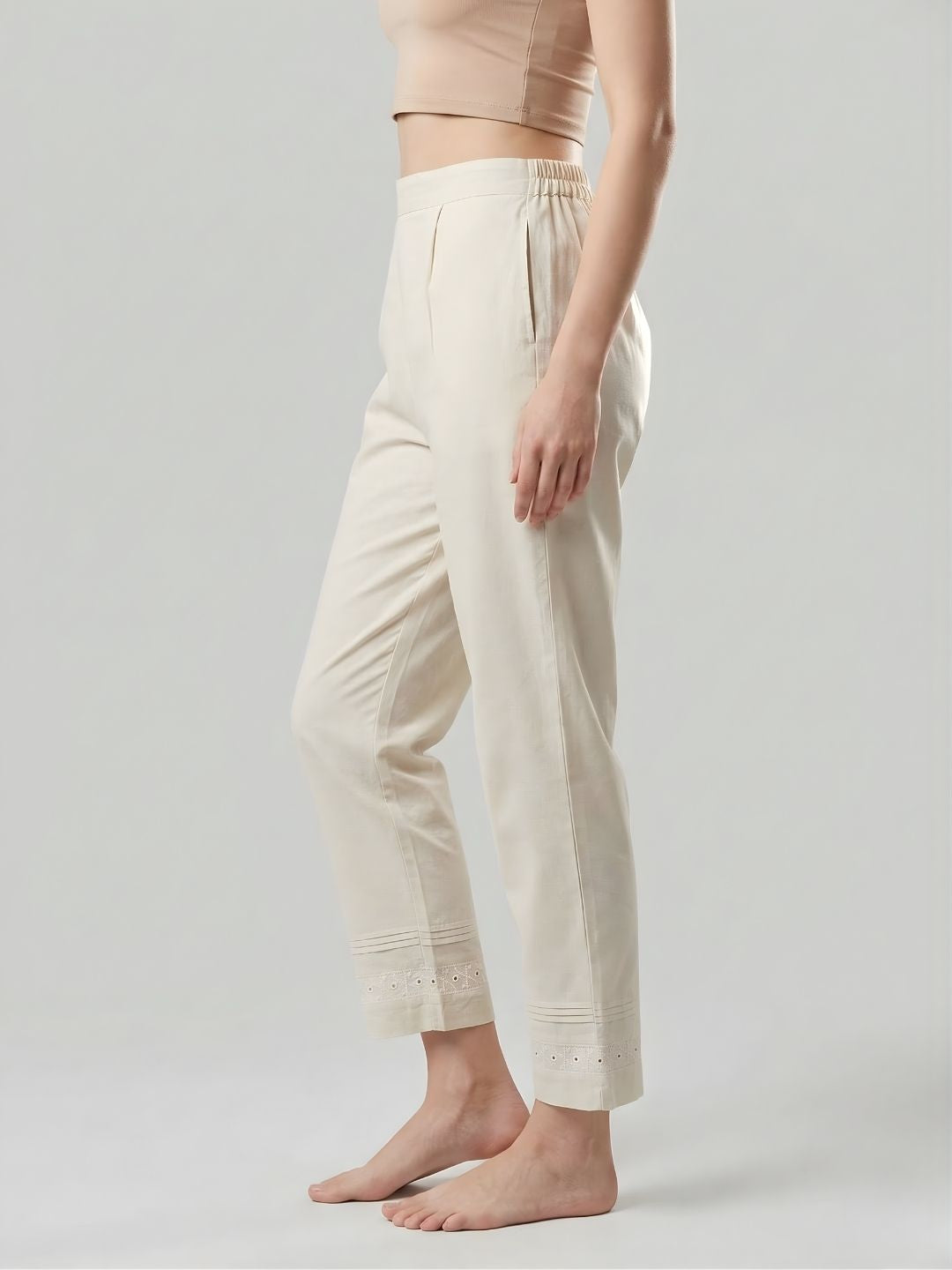Beige Pure Cotton Pants With Lace Hem Wholesale Manufacturer India
