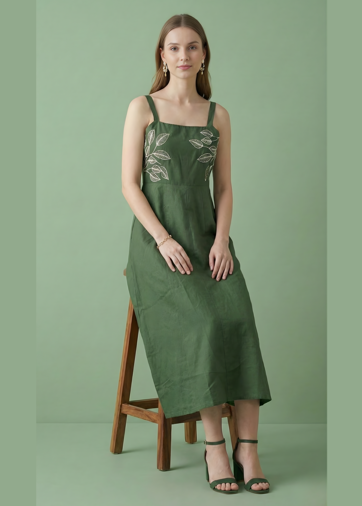 Stylish embroidered cotton midi green