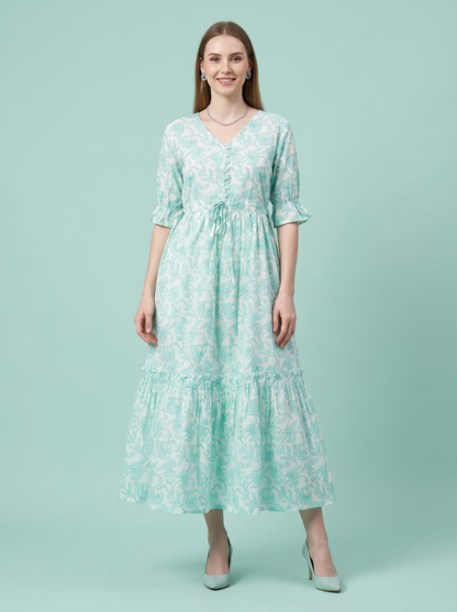 Mint Floral Cotton Middy Dress Wholesale Manufacturer India