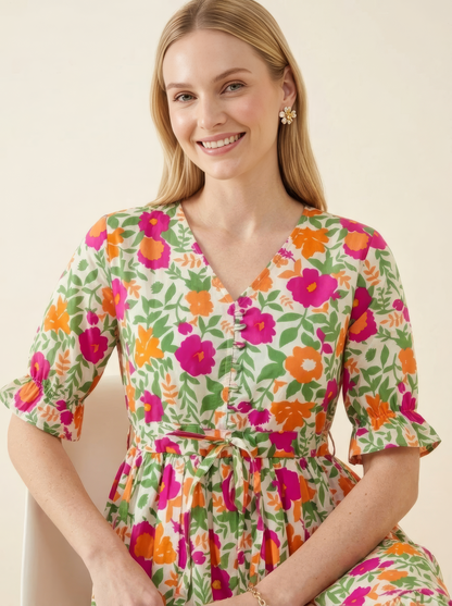 Multicolor Floral Cotton Middy Dress Wholesale Manufacturer India