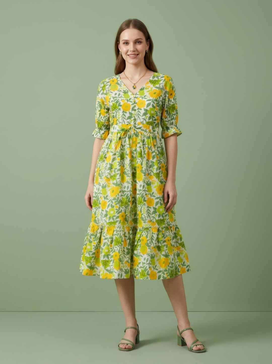 Yellow Floral Cotton Middy Dress Wholesale Manufacturer India