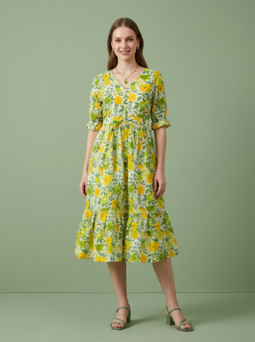 Yellow Floral Cotton Middy Dress Wholesale Manufacturer India