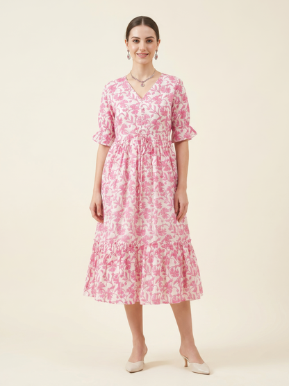 Pink Floral Cotton Middy Dress Wholesale Manufacturer India