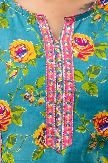Floral patterned fabric with colorful embroidery on a blue background