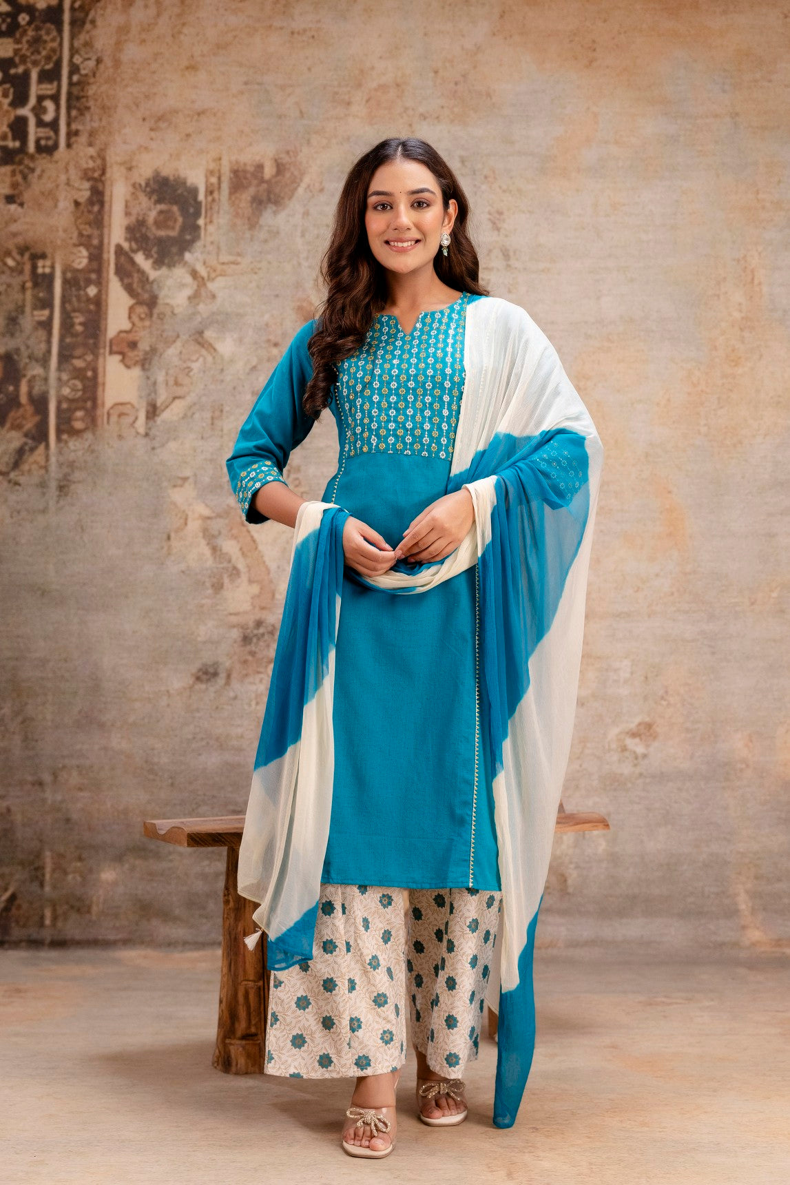 Neelufer Creation teal Jaipuri cotton dupatta set wholesale