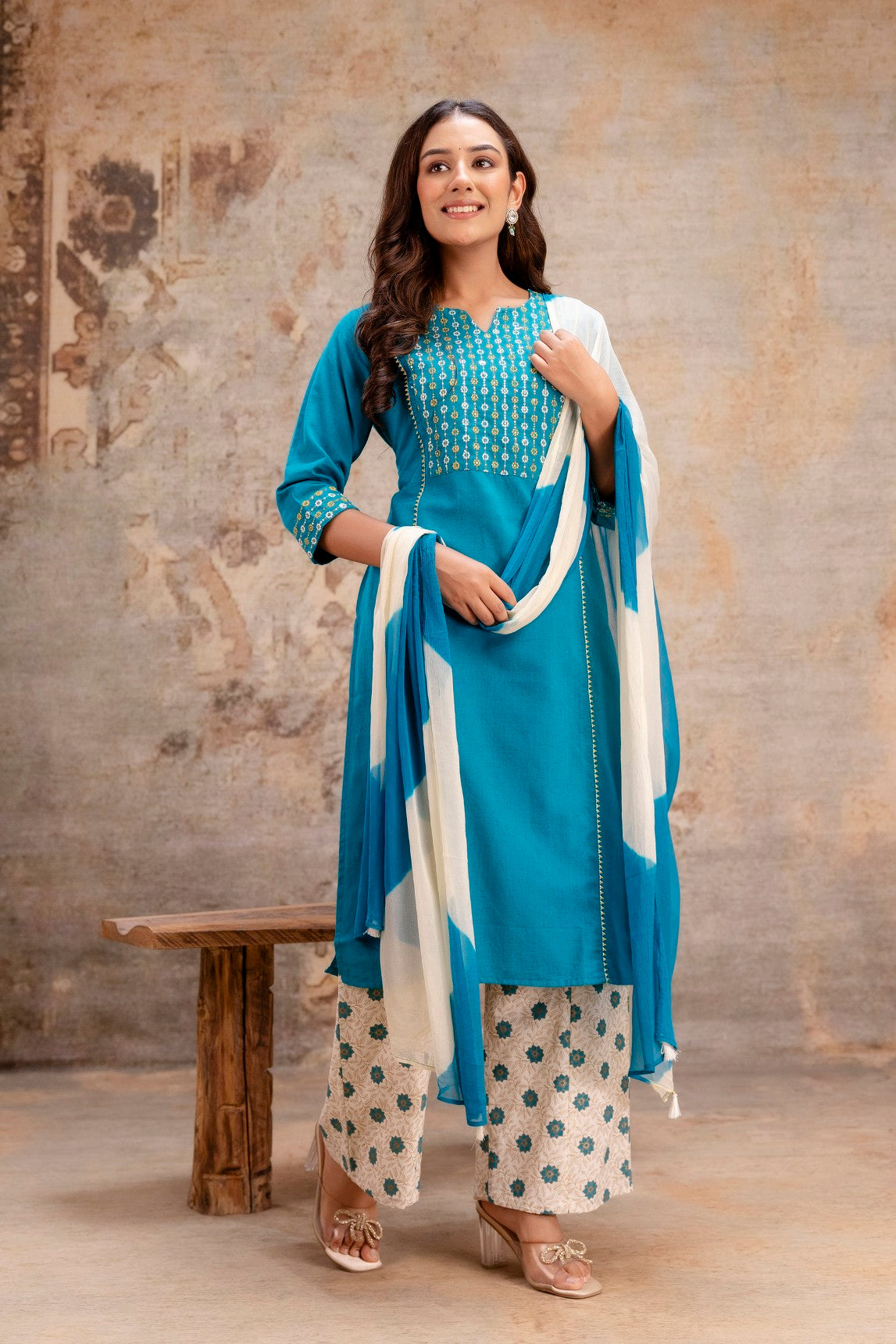 Teal Jaipuri kurta bottom dupatta set wholesale