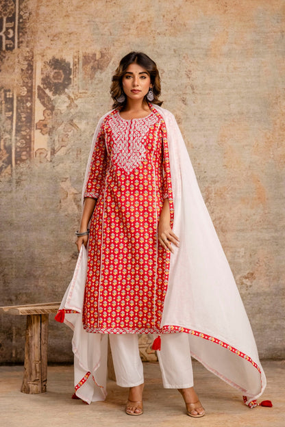 Wholesale women cotton kurta pant dupatta set red
