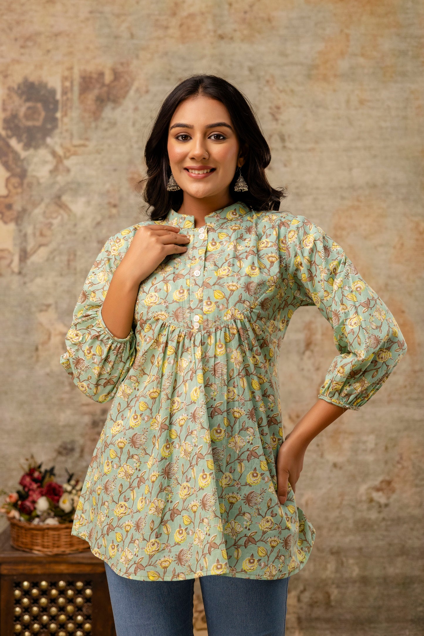 Neelufer Creation mint Jaipuri floral cotton top