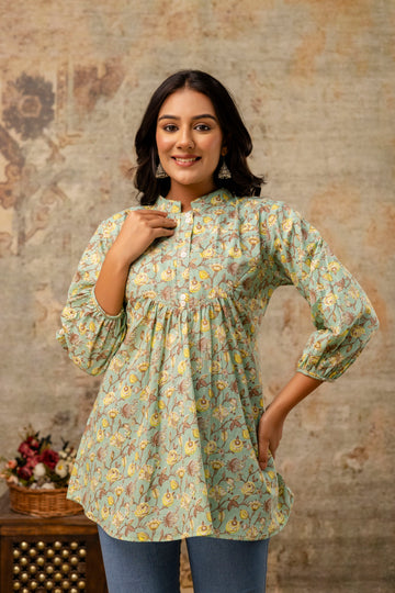 Neelufer Creation mint Jaipuri floral cotton top