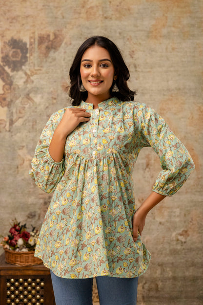 Neelufer Creation mint Jaipuri floral cotton top