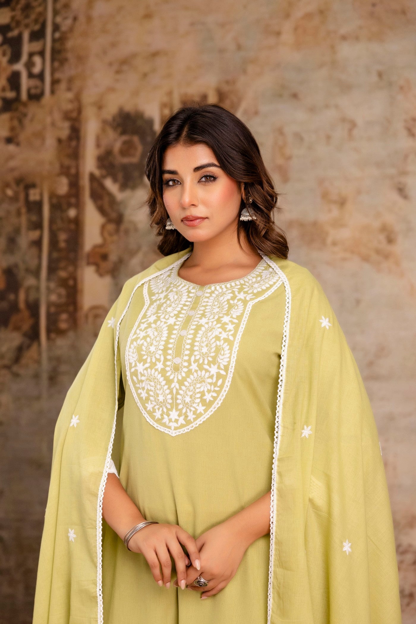 Neelufer Creation pure cotton olive dupatta set