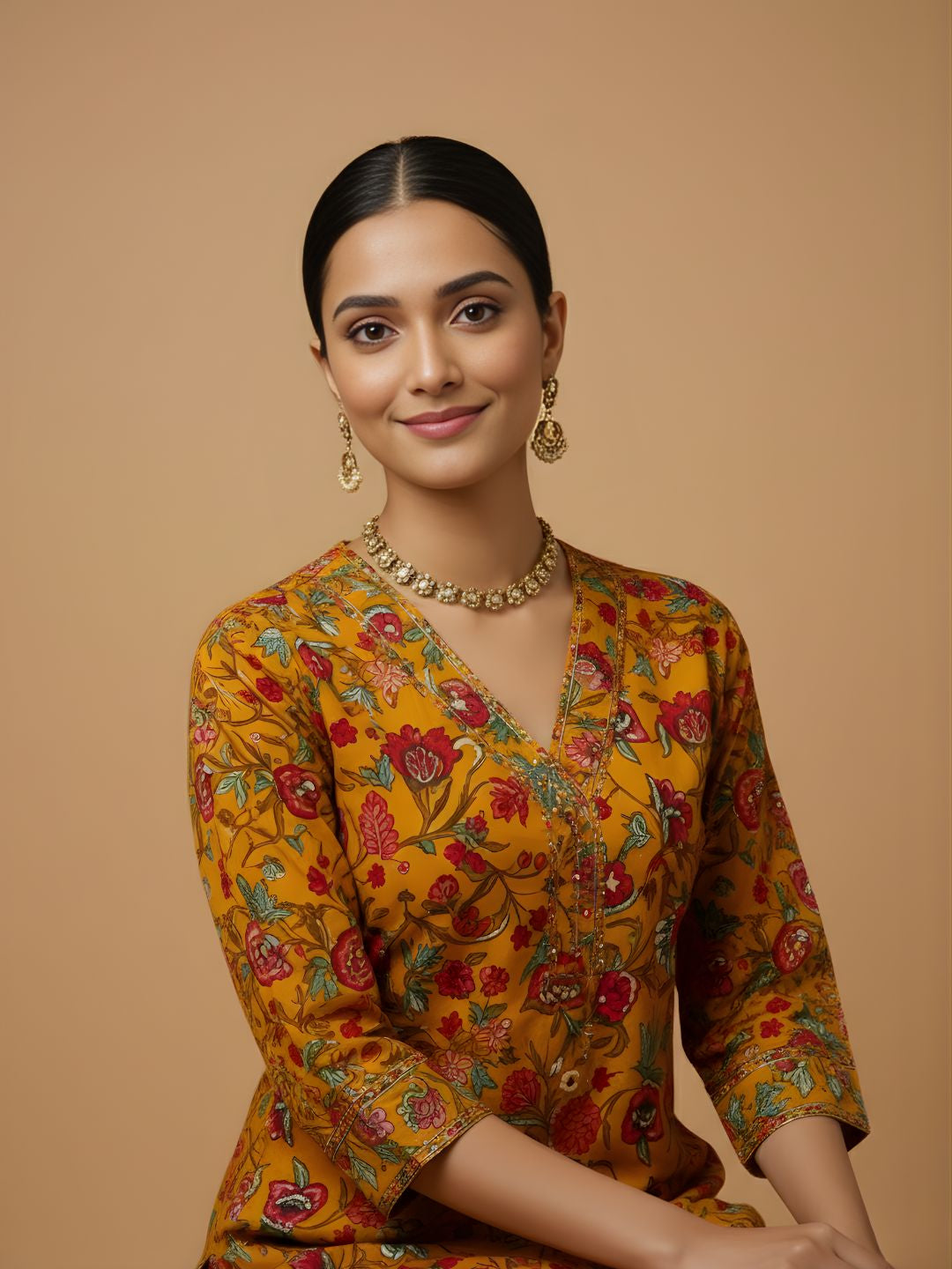 Floral mustard kurta with matching pants