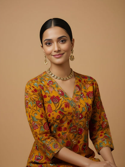 Floral mustard kurta with matching pants