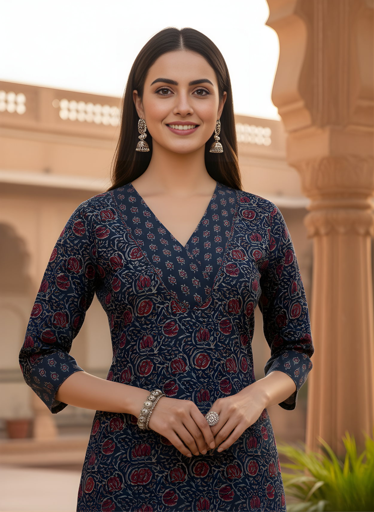 Aaronee Pure Cotton Printed Kurta Set in Navy Blue
