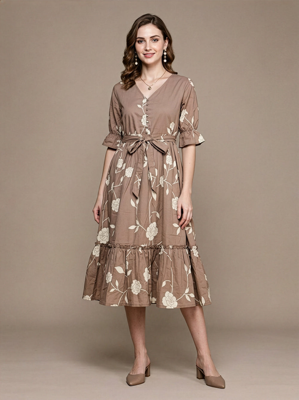 Floral Cotton Middy Dress Wholesale Manufacturer Women Wear