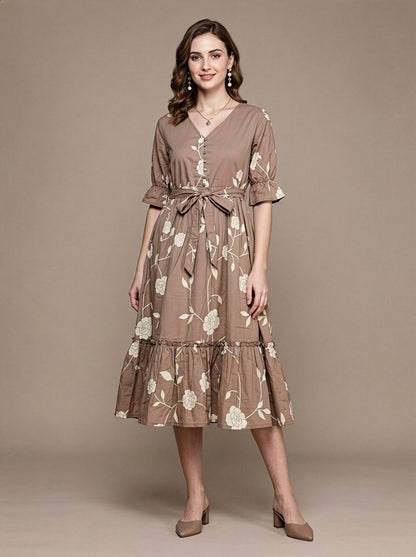 Floral Cotton Middy Dress Wholesale Manufacturer Women Wear