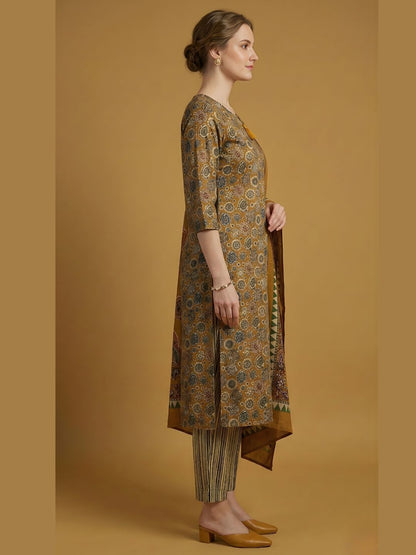 Mustard Printed Pure Cotton Kurti Dupatta Set Wholesale Manufacturer India