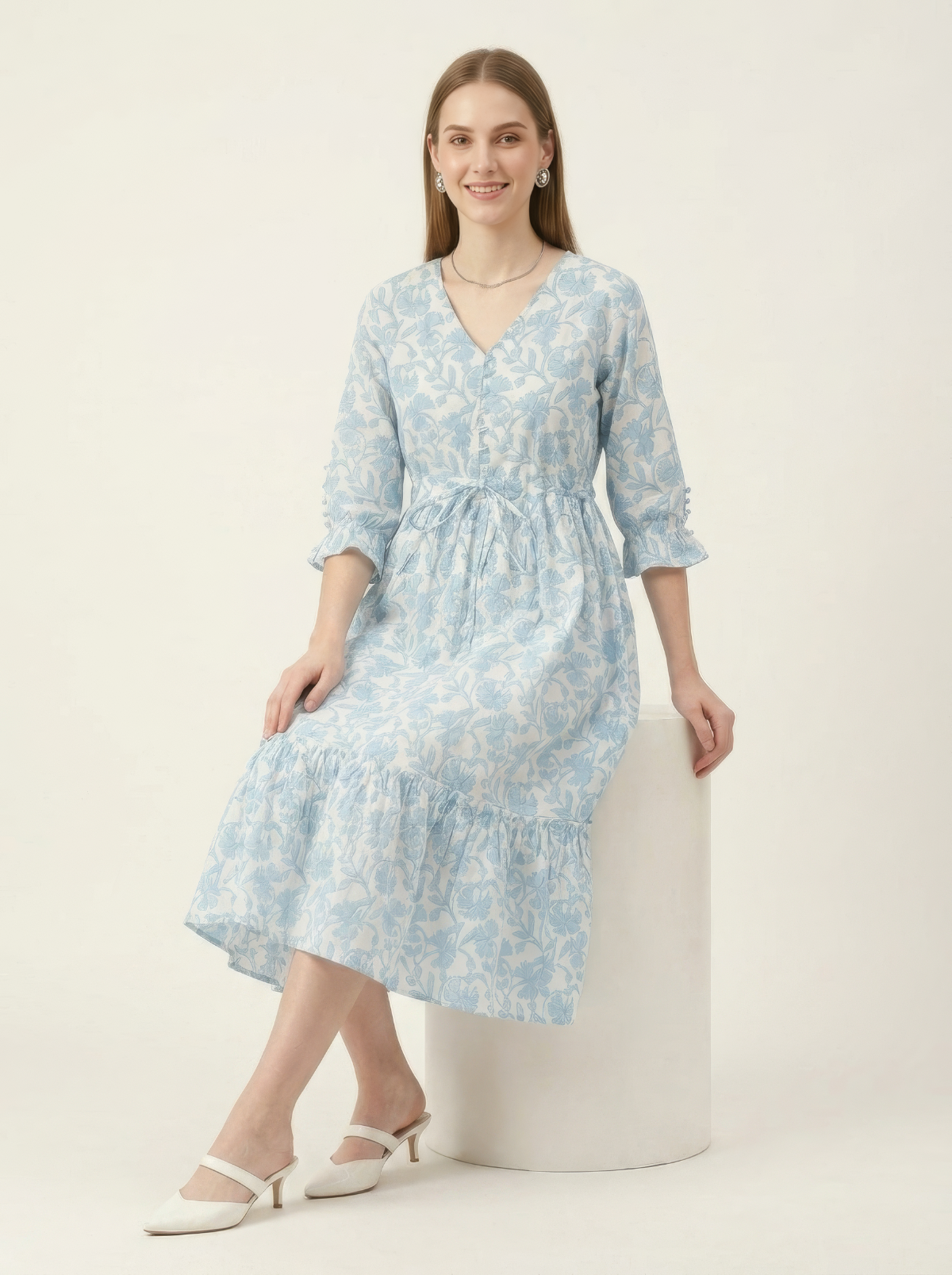 Blue Floral Cotton Middy Dress Wholesale Manufacturer India