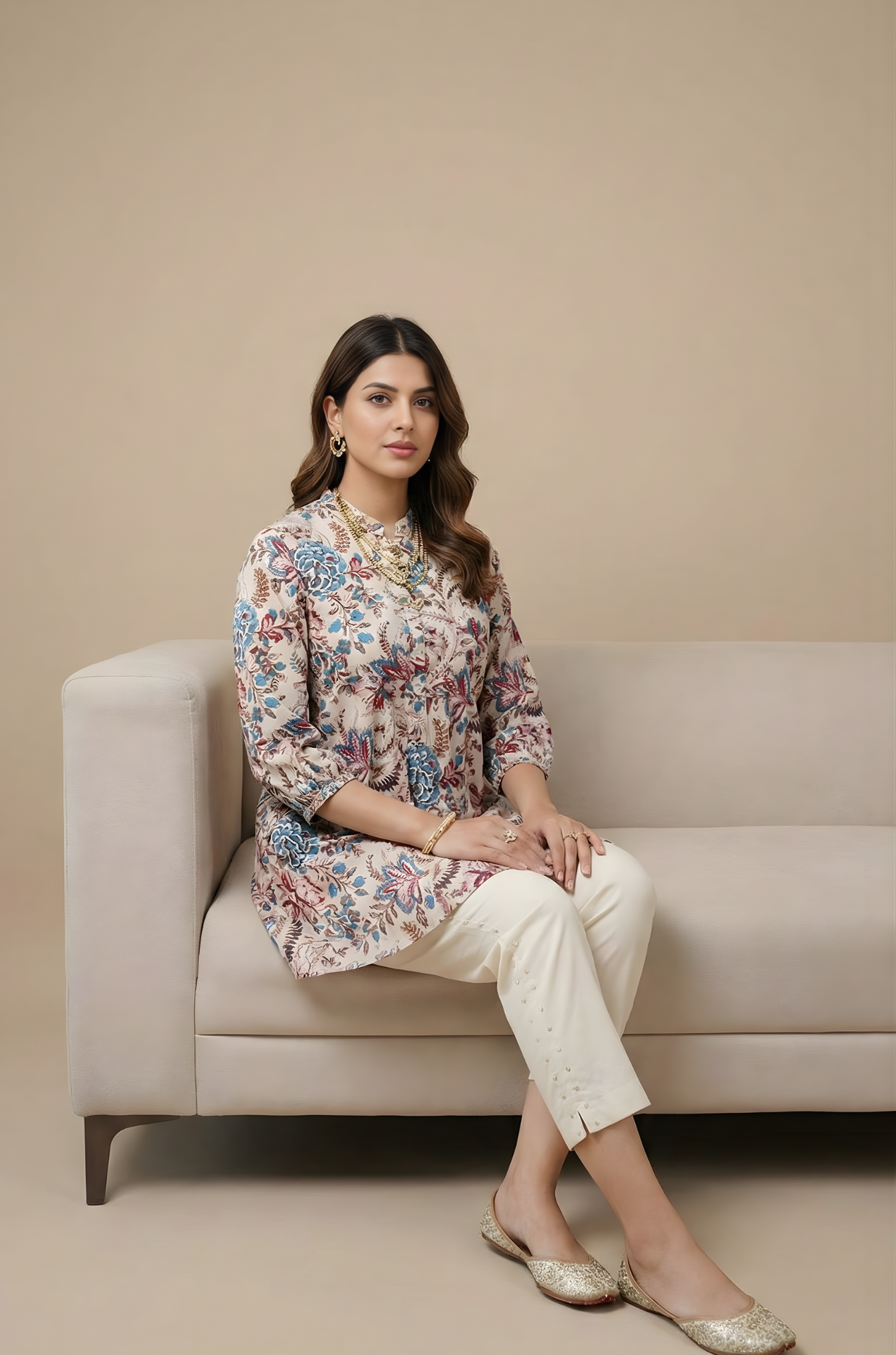 Ivory Jaipuri print cotton top wholesale
