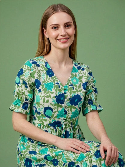 Floral Cotton Midi Dress Wholesale Manufacturer Women Wear