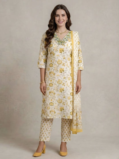 Cream Floral Pure Cotton Kurti Dupatta Set Wholesale Manufacturer India