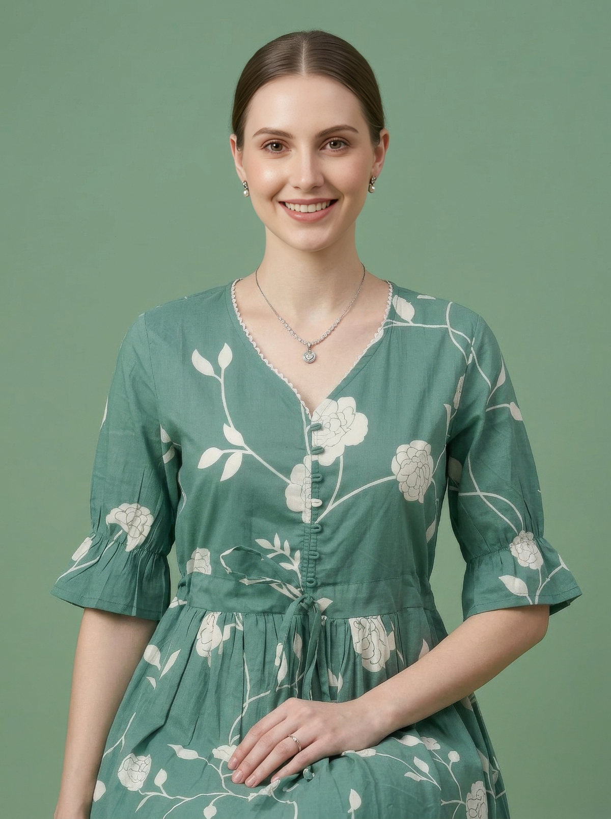 Green Floral Cotton Midi Dress Wholesale Manufacturer India