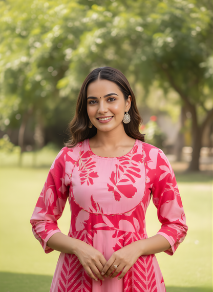 Woman in a pink dress with floral pattern standing in a park