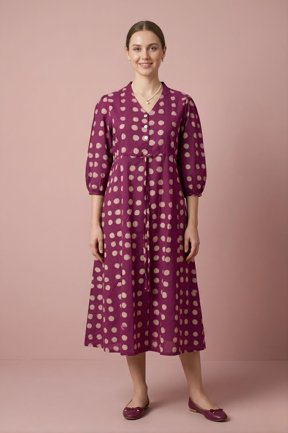Magenta Polka Cotton Midi Dress Wholesale Manufacturer