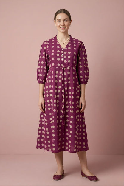 Magenta Polka Cotton Midi Dress Wholesale Manufacturer