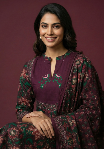 Wholesale women cotton kurta pant dupatta set maroon