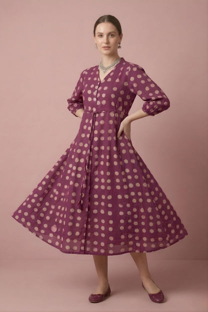 Magenta Polka Cotton Midi Dress Wholesale Manufacturer