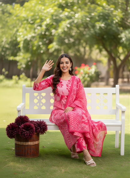 Printed cotton kurta bottom dupatta set women wear