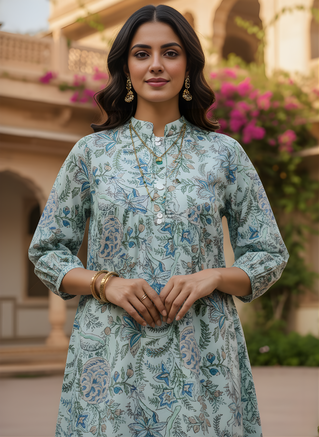 Mint blue Jaipuri print cotton top wholesale