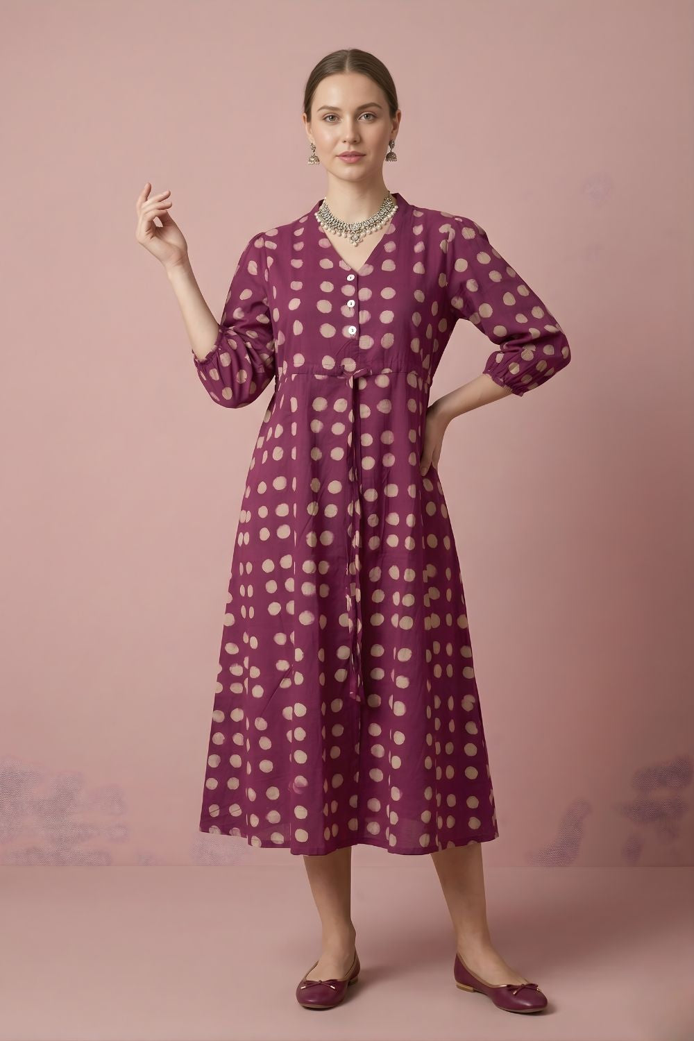 Magenta Polka Cotton Midi Dress Wholesale Manufacturer