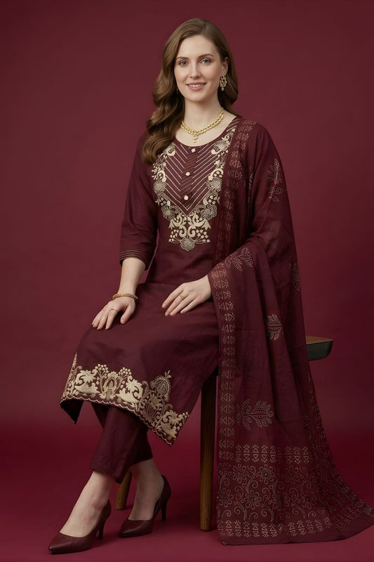 women wear wholesale manufacturer India maroon embroidered cotton kurti set