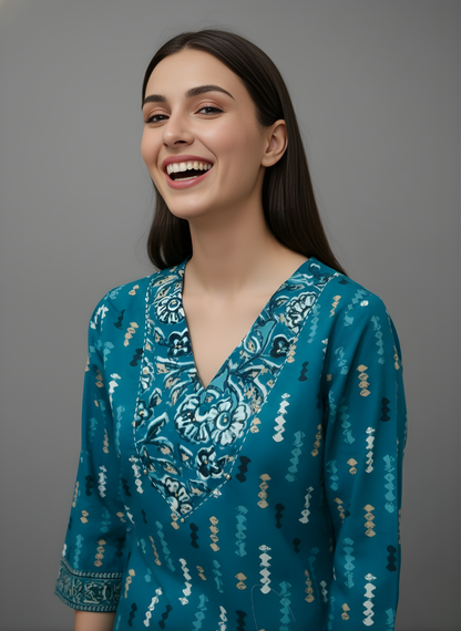 Daily Wear Pure Cotton Teal Printed Kurti for Women