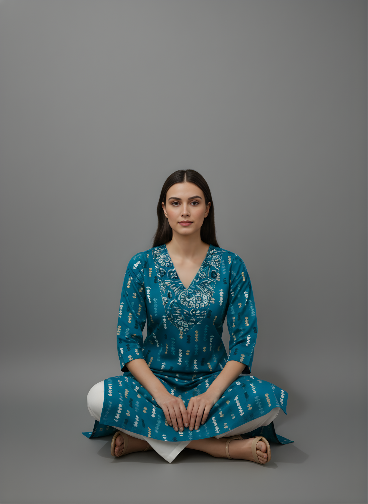 Woman wearing a teal patterned dress sitting on a gray background