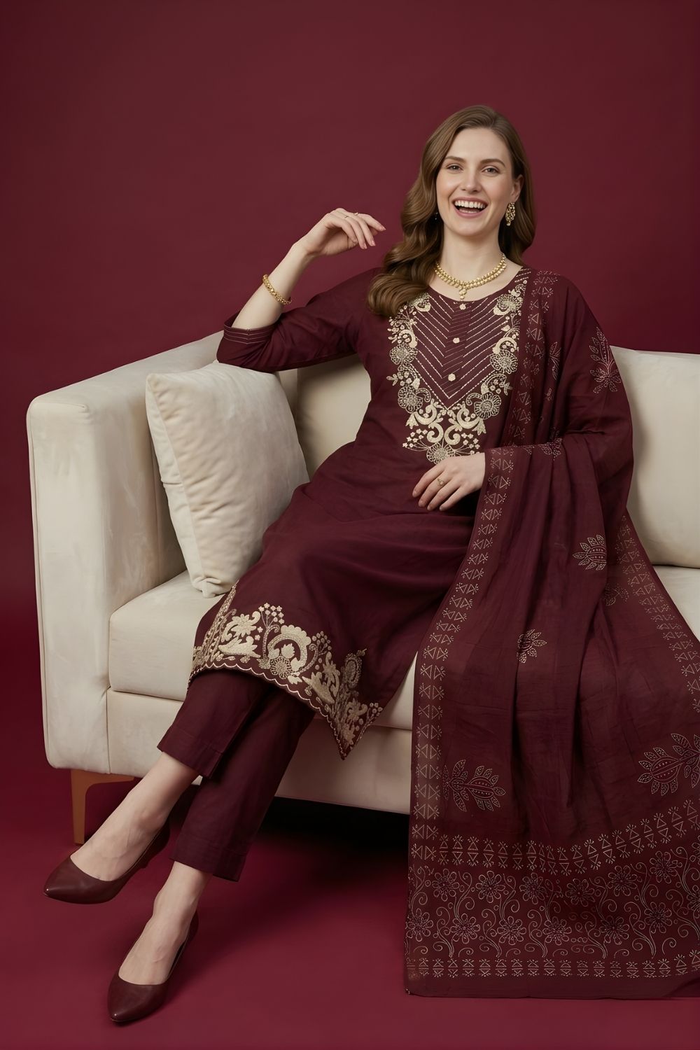 women wear wholesale manufacturer India maroon kurti dupatta embroidery