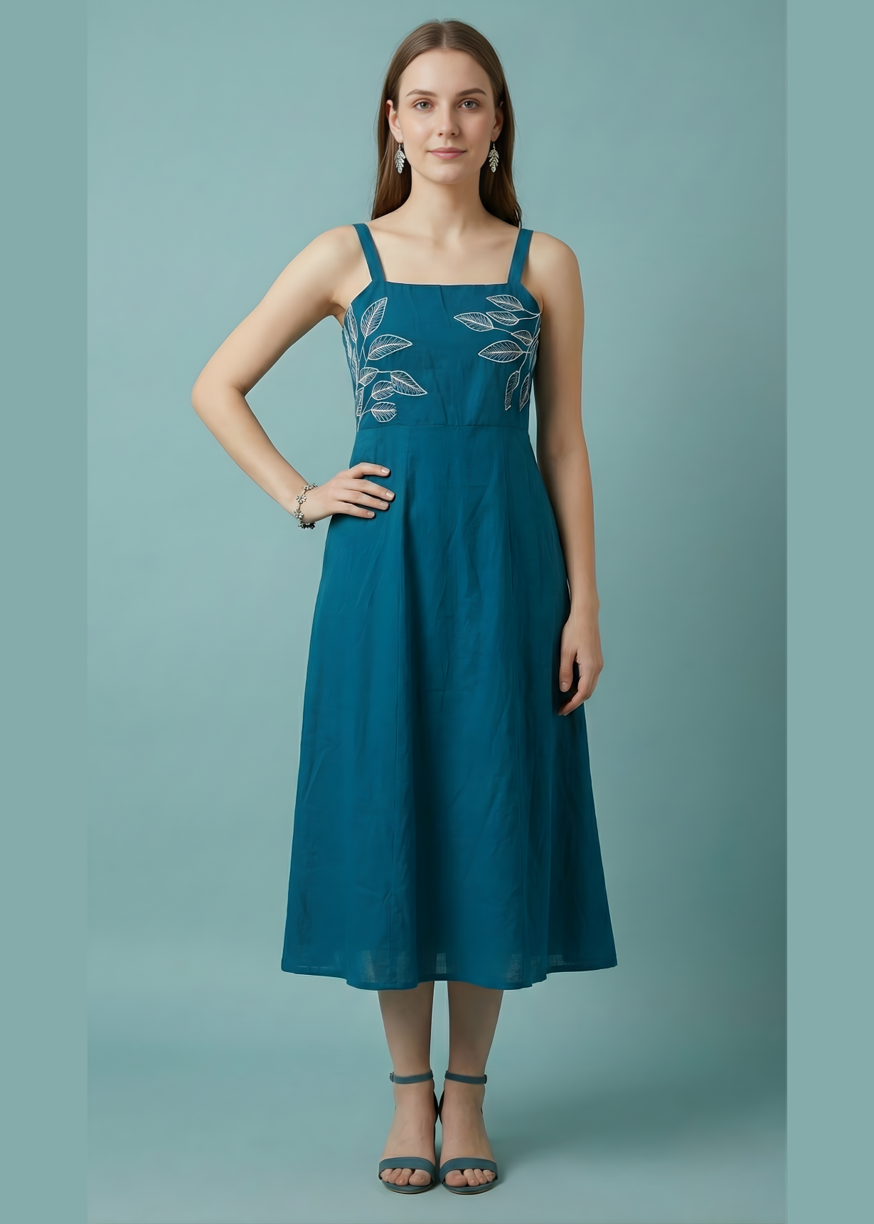 Elegant teal cambric dress front view