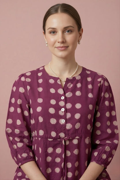 Magenta Polka Cotton Midi Dress Wholesale Manufacturer