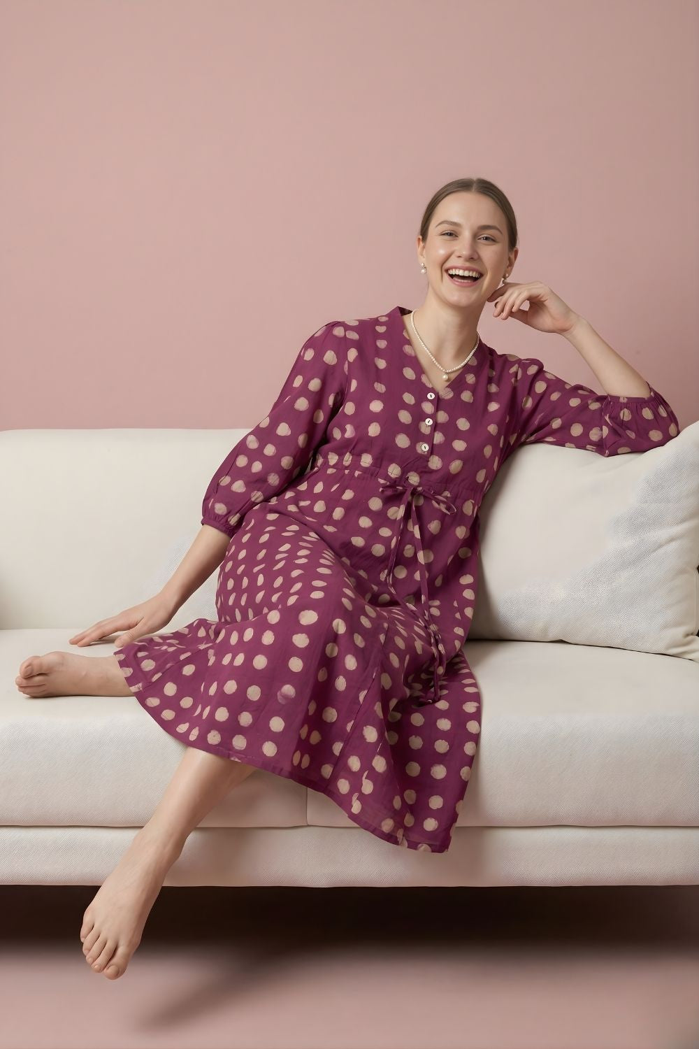 Magenta Polka Cotton Midi Dress Wholesale Manufacturer