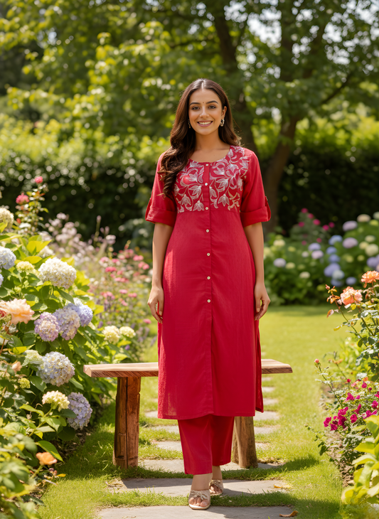 Neelufer Creation red pure cotton embroidered dress for women